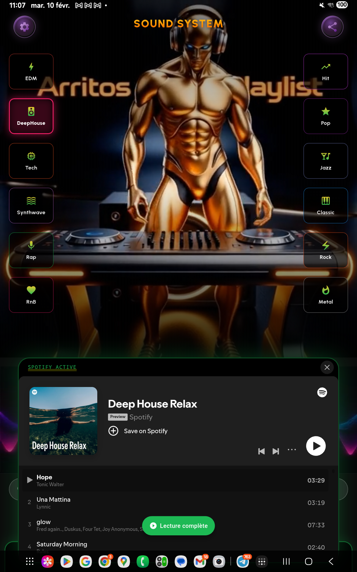 Robotic DJ interface in Arritos Playlist with 12 music genre selector and immersive visuals